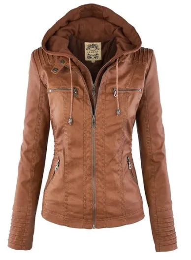 Faux Leather Jacket Women 2022 Khaki Winter Motorcycle Jacket Gothic Hoodies Outerwear Faux Leather PU Basic Jacket Coat