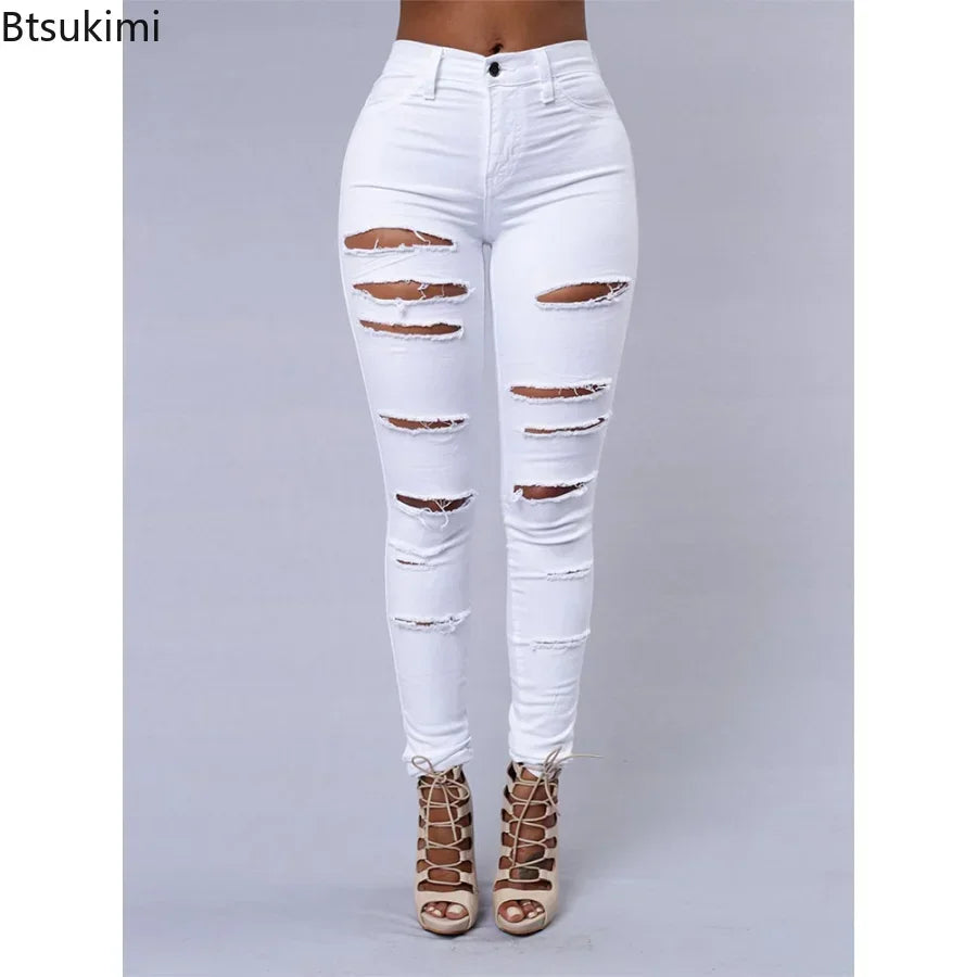 2025 Femmes Stretch Skinny Déchiré Trou Délavé Denim Jeans Femme Taille Haute Crayon Y2k Pantalon Jeans Dames Pantalons Décontractés Pantalons