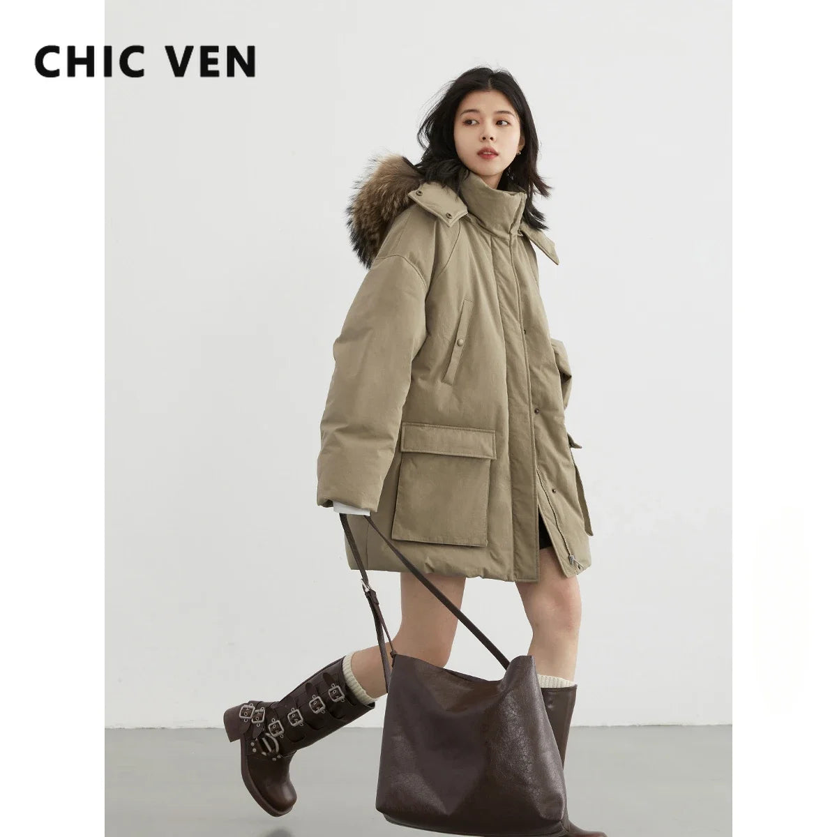 CHIC VEN Women Down Coats Solid Outdoor Loose Casual Down Jacket  Thickened Parka Jackets Female Overcoat Autumn Winter 2023