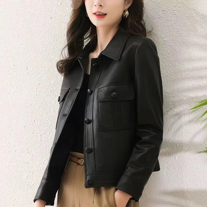 Lapel PU Leather Jacket Women 2024Spring Autumn New Coat Fashion Locomotive Goddess Overcoat High Quality Short Outerwear Female