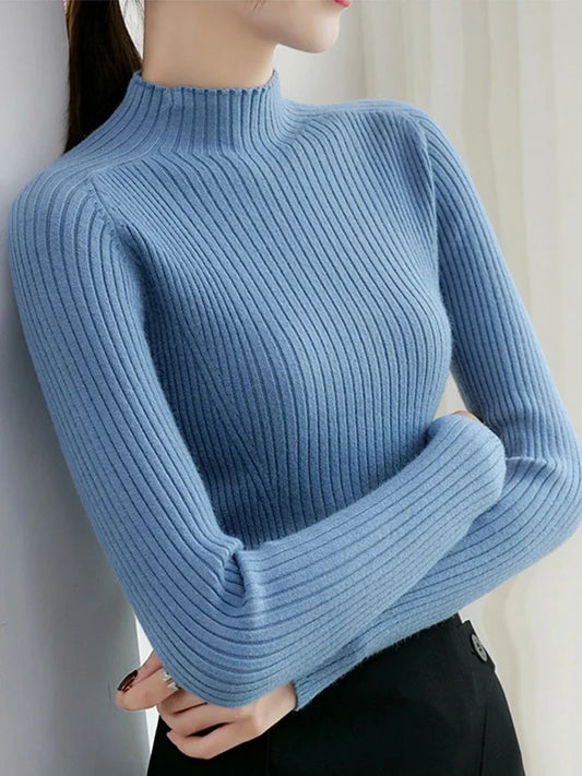 Women Ribbed Knitted Sweaters Korea Autumn Winter Pullover Mock Neck Long Sleeve Slim Sweater Woman Solid Casual Knitwear Tops