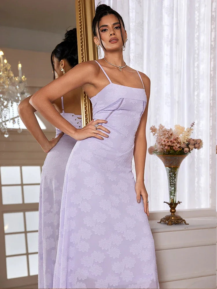 Suninheart New Summer Elegant Maxi Dress 2024 New Arrival Purple Spaghetti Strap Wedding Guest Dress Lace Up Party Dresses