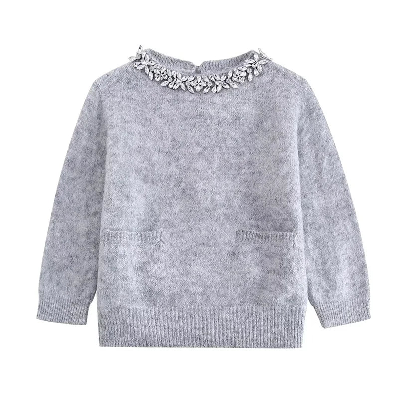 KEYANKETIAN 2024 New Launch Women Artificial gemstone Decoration Short Sleeve Sweater Elegant Stylish Slim Knitted Top Pullover