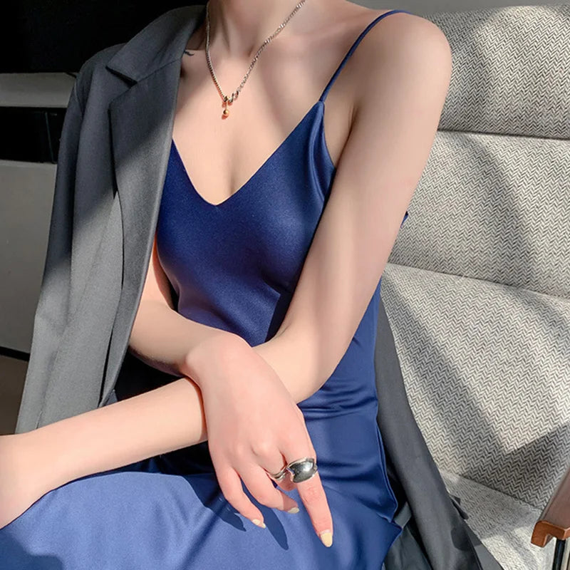 Women Long Dress Spaghetti Strap V-neck Sleeveless Sexy Summer Solid Color Mid-calf Skinny Dresses Inner Cloth