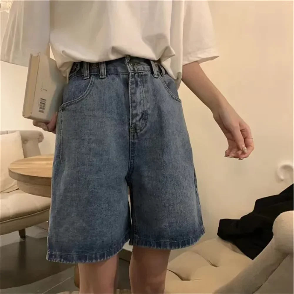 BF Style Straight Denim Shorts Women Y2k Polar Big Streetwear Skateboard Retro Blue Harajuku Hip Hop Cartoon Solid Fashion Baggy