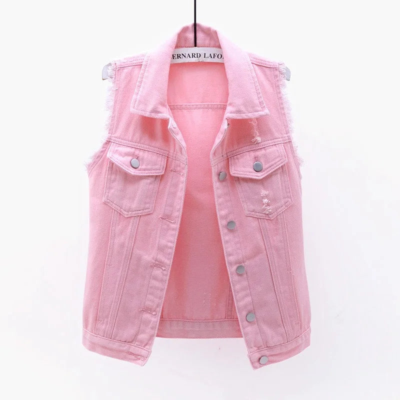 Women Single Breasted Denim Vest Autumn Winter Solid Casual Turn-down Collar Pocket Sleeveless Short Jean Coat Streetwear Female