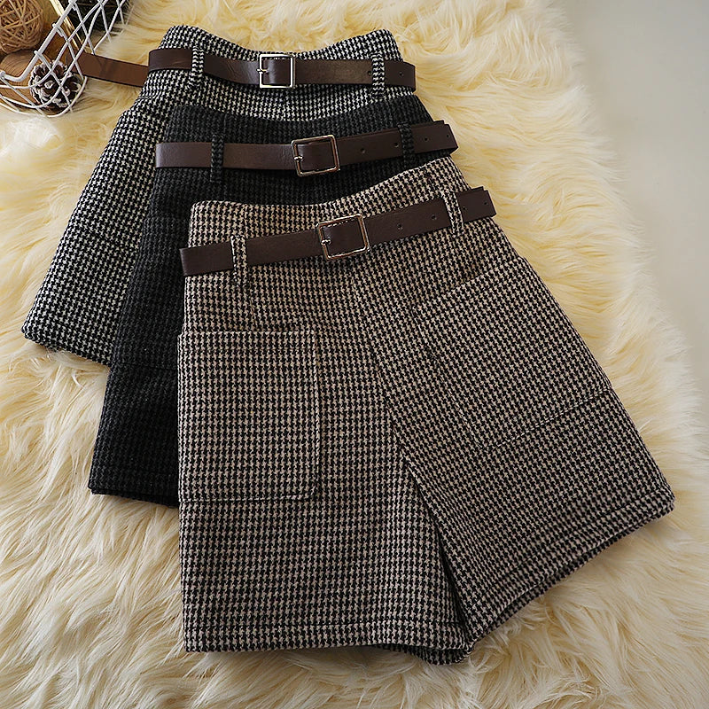 Houndstooth woolen shorts women's autumn and winter new high waist retro slim boots pantslarge size woolen pocket wide leg pants