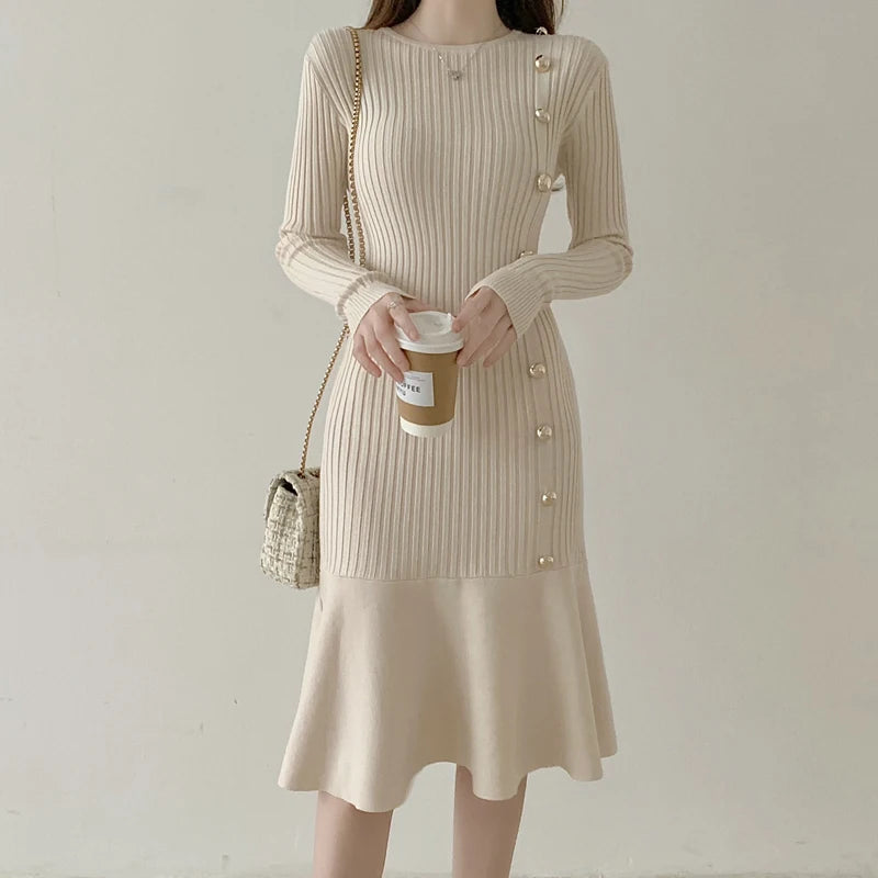 Vintage Midi Dresses for Women Clothing Long Sleeve Elegant Button Warm Trumpet Mermaid Knitted Sweater Bodycon Dress Winter New