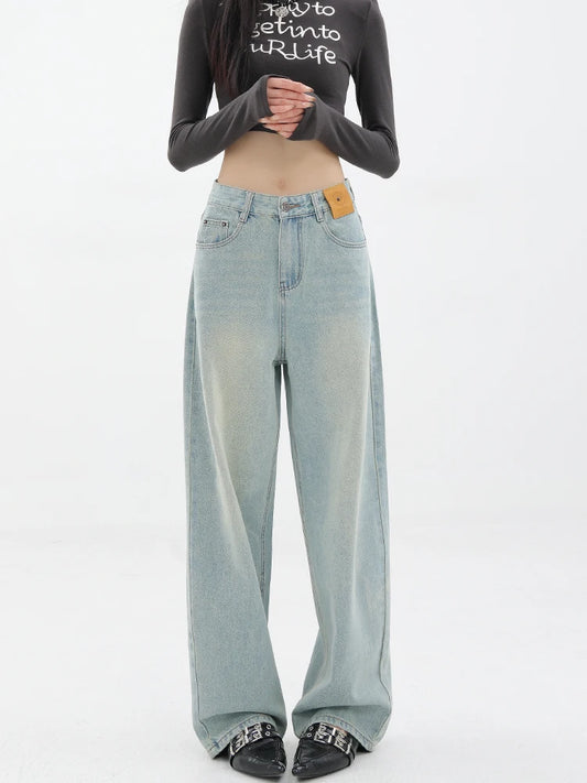 Pantalon en jean droit ample pour femme, décontracté, taille haute, vintage, style coréen, streetwear, nouvelle mode, été