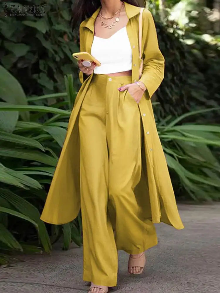 Elegant Matching Sets Women Long Sleeve Split Shirt ZANZEA 2025 Casual Lapel Button Blouses Wide Leg Trousers Tracksuit Outifits