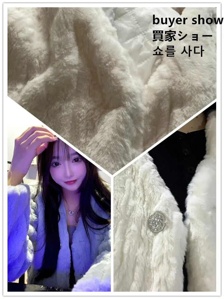 Women Short Faux Lamb Fur Jacket V-neck Furry White Fluffy