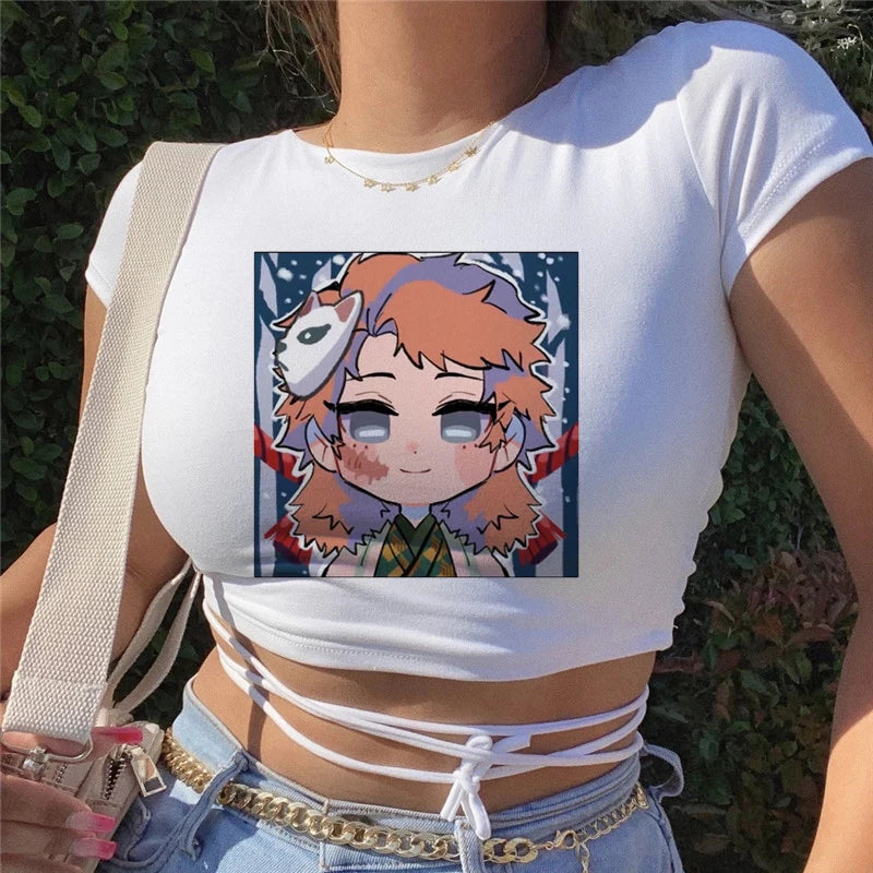 T-shirt imprimé anime Demon Slayer pour femme, ample, respirant, hip-hop, personnalité, été, bandage, T-shirts