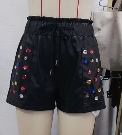 Y2K Women's Shorts 2024 Summer Fashion Casual Colorful Rhinestone Pu Leather Versatile Drawstring Temperament Commuting Shorts