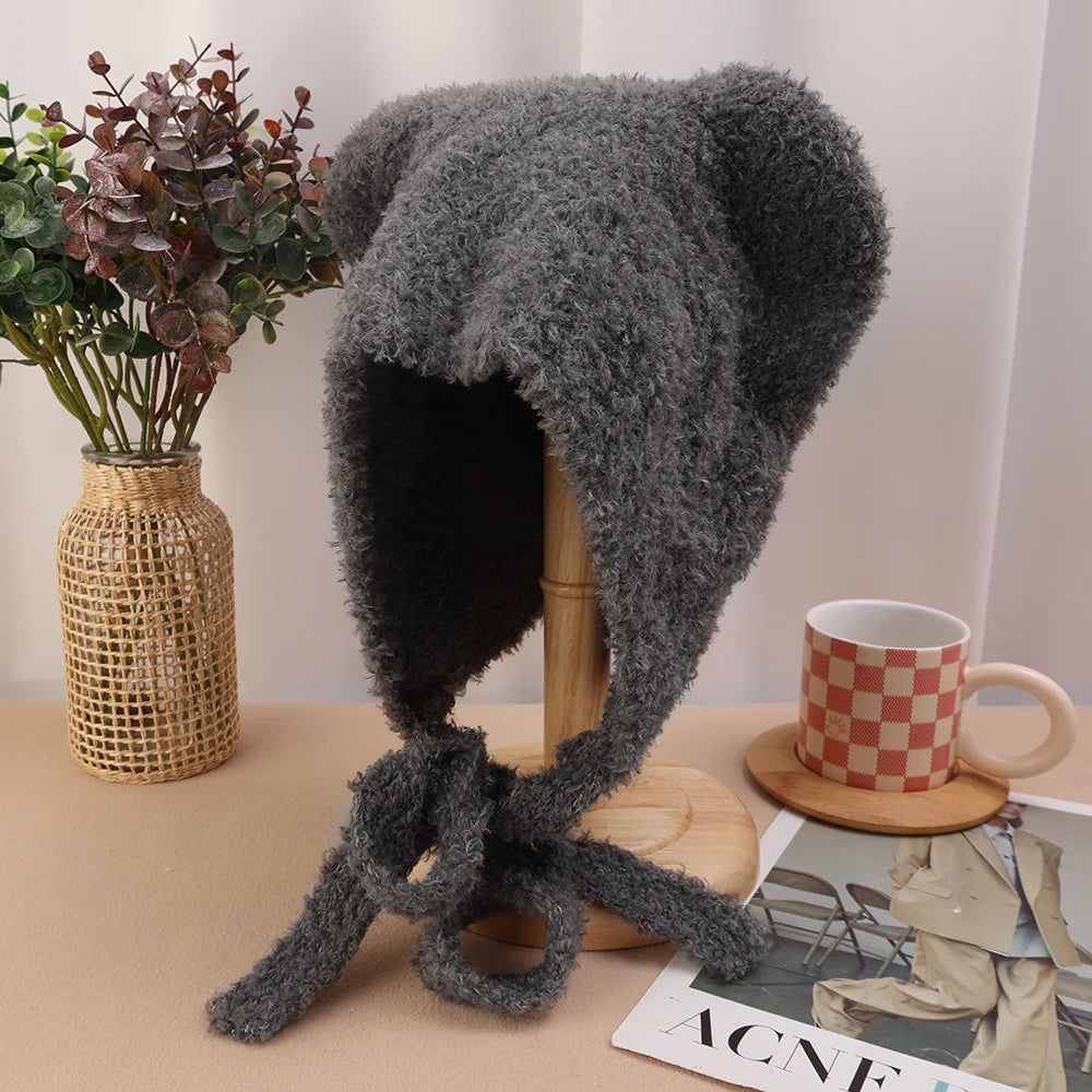 Winter Plush Beanies Cute Bear Ear Wool Hat Warm Lace-up Ear Protection Knitted Bomber Cap Bonnets Knitting Korea Women Gorros