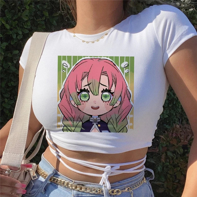 T-shirt imprimé anime Demon Slayer pour femme, ample, respirant, hip-hop, personnalité, été, bandage, T-shirts