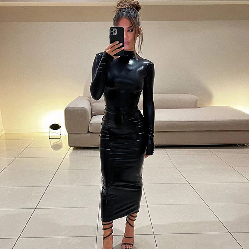 New Solid Color Slim Fit Round Neck High Waist  Wrap Hip Tight Long Dress