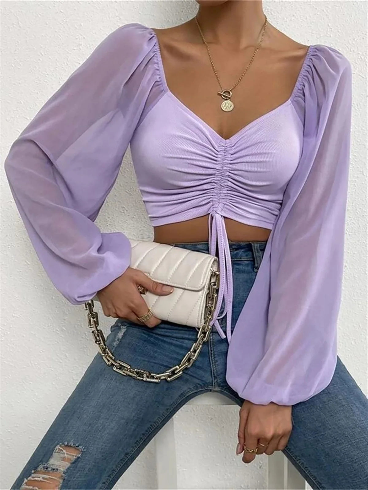 S-3XL Mesh Lantern Sleeves Drawstring Wrap Chest Bare Midriff T-Shirt Women Long Sleeve Ruched Blouse Sexy Crop Top Tee K5995