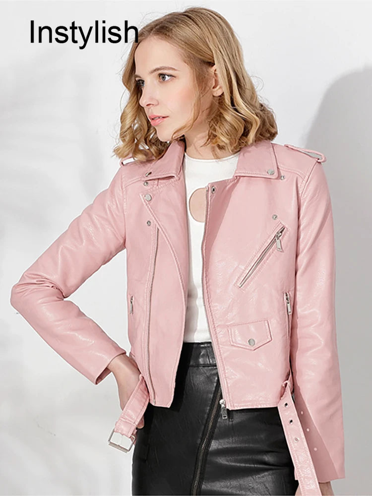 Women Autumn Winter Faux Leather Zipper Jacket Elegant PU Leather Lapel Crop Coat Vintage Motorcycle Biker Outwear with Belt