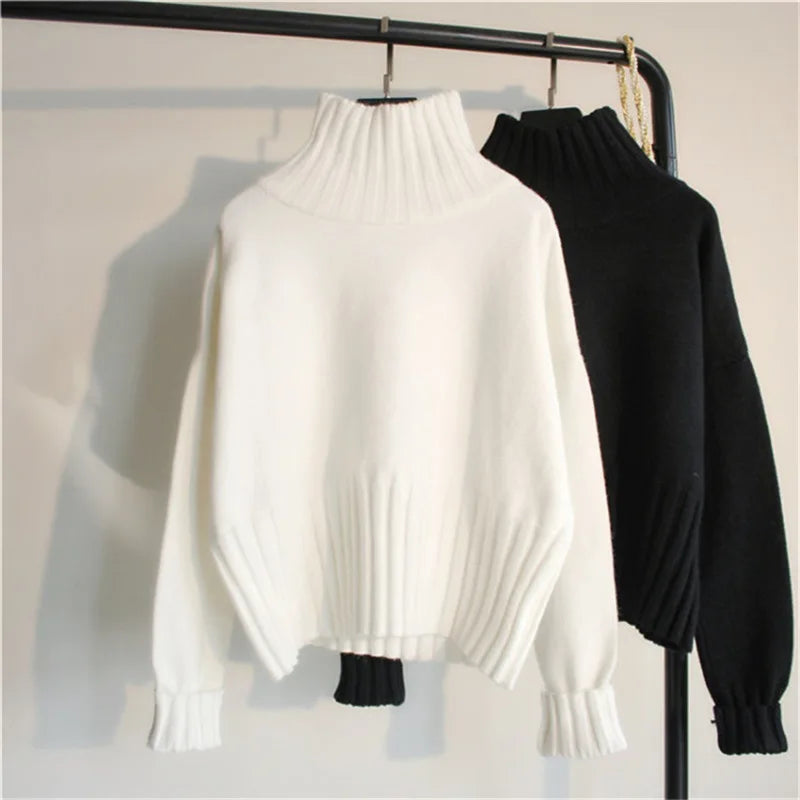 Turtleneck Sweater Coats Autumn Women Long Lantern Sleeve White Black Knitted Pullover Tops PYMY-MY924