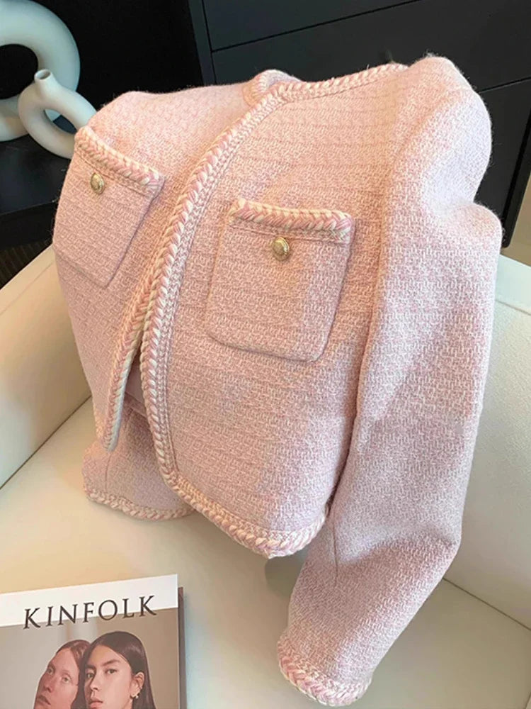 Single Breasted Elegant Cropped Coat Korean Fashion O-Neck Short Outerwear Autumn and Winter New Pink Sweet Tweed Jacket Women