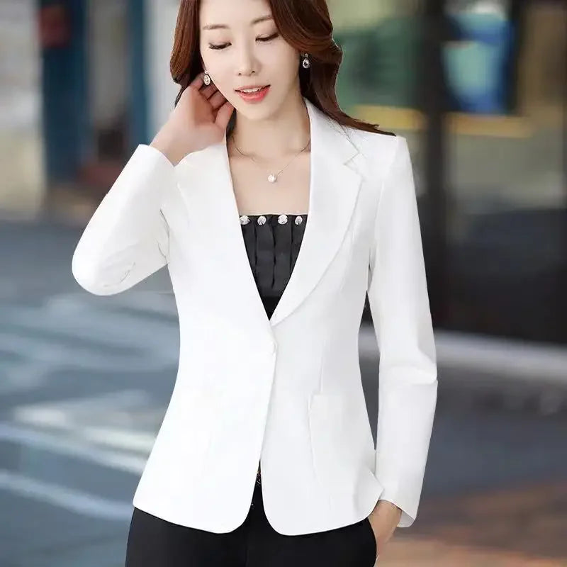 Blazer Slim Fit Noir Femme avec Poches pour Occasions Formelles Printemps Automne OL Lady Bureau Travail Costume Manteau Blanc Beige Marine