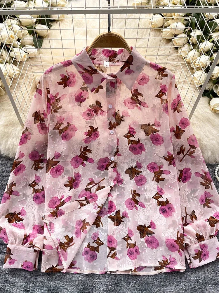 Spring Autumn Temperament Fashion Retro Chiffon Floral Blouses Print Loose Lapel Puff Sleeve Top Button Up Shirt Female GD611