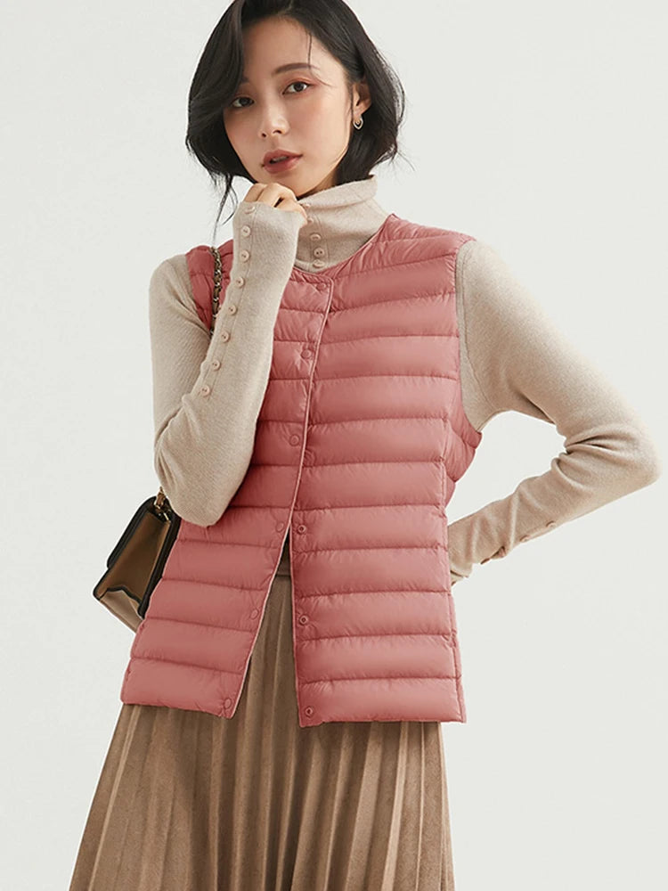 Fitaylor Winter Light Thin Down Short Vest Jacket Women 90% White Duck Down Warm Sleeveless Coat Single Slim Underwaist Outwear