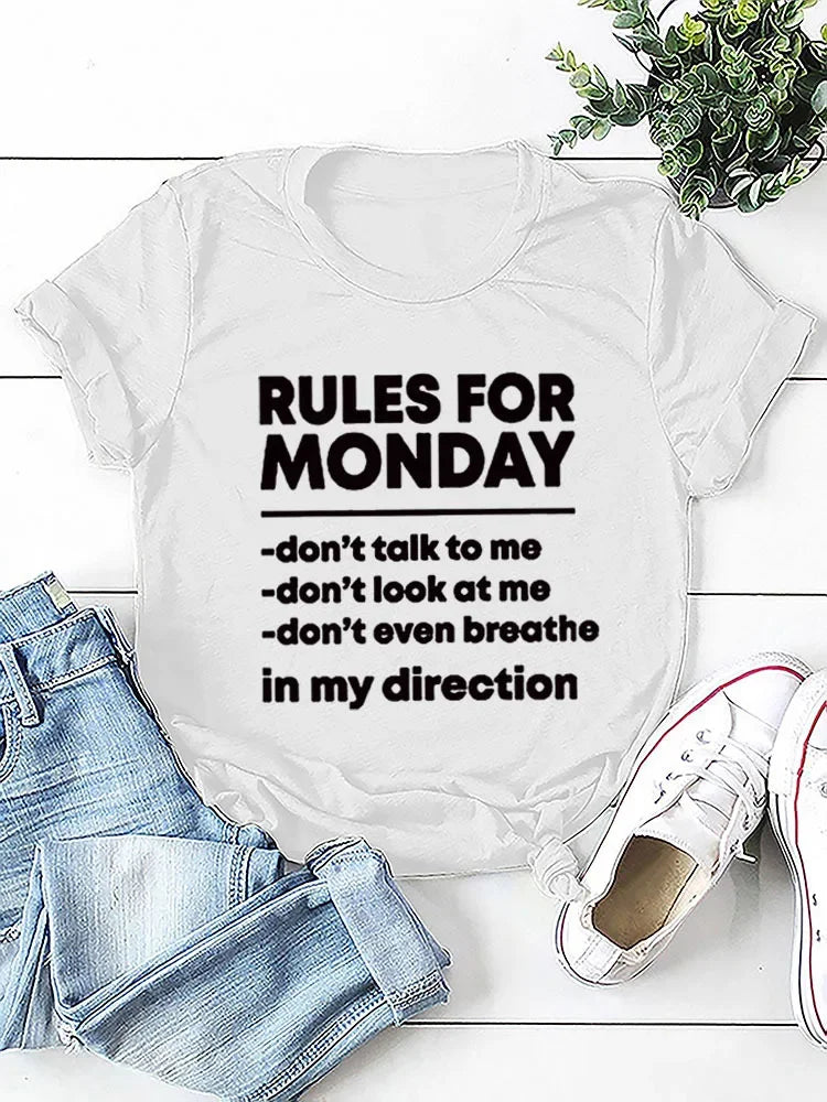 RULES FOR MONDAY Letter Print Women T Shirt Short Sleeve O Neck Loose Women Tshirt Ladies Tee Shirt Tops Camisetas Mujer