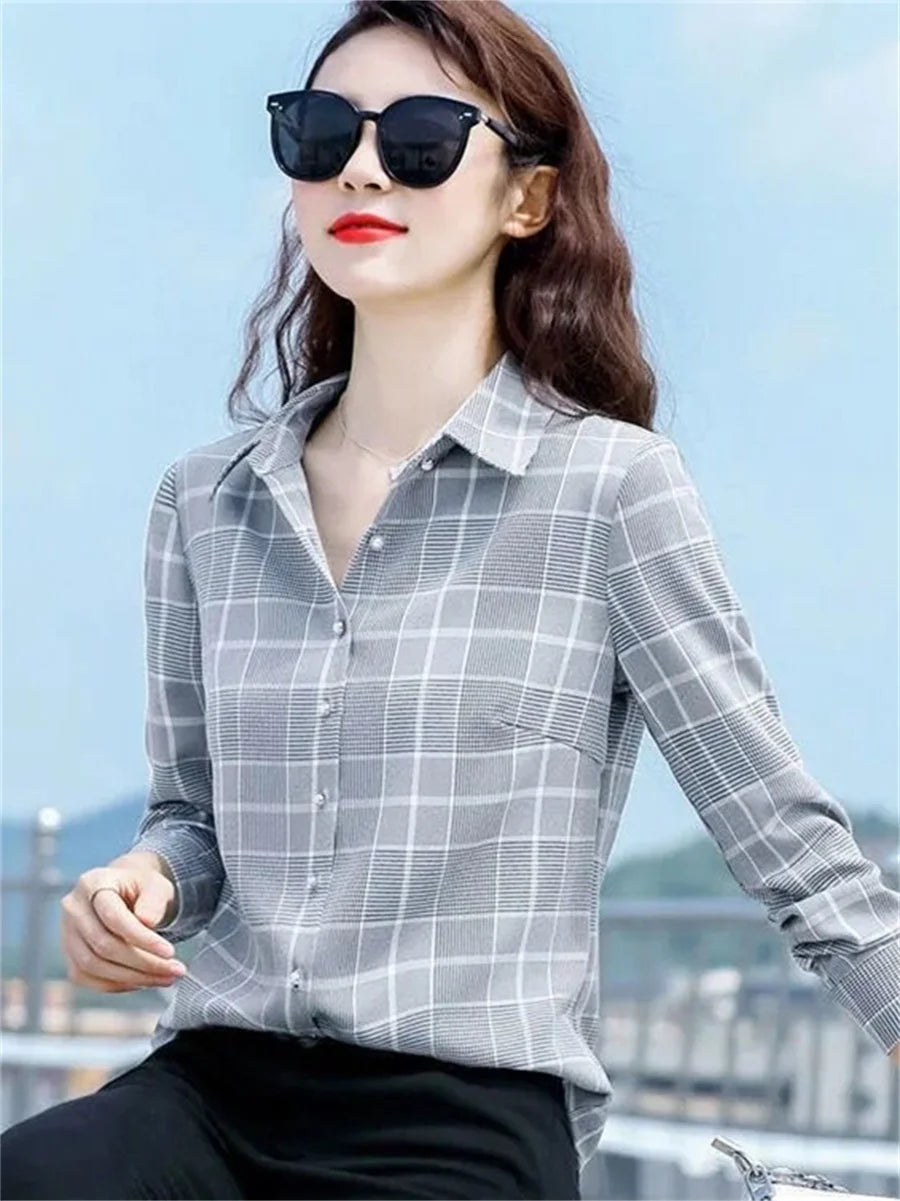 Women Spring Autumn Style Blouses Shirts Lady Casual Long Sleeve Turn-down Collar Plaid Printed Blusas Tops DF4712