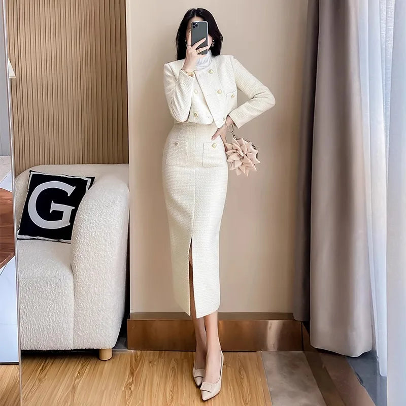 Small Fragrance Coarse Tweed Two-Piece Set Women's Elegance Temperament O-neck Short Coat+Split Skirts Spring Autumn Suits New