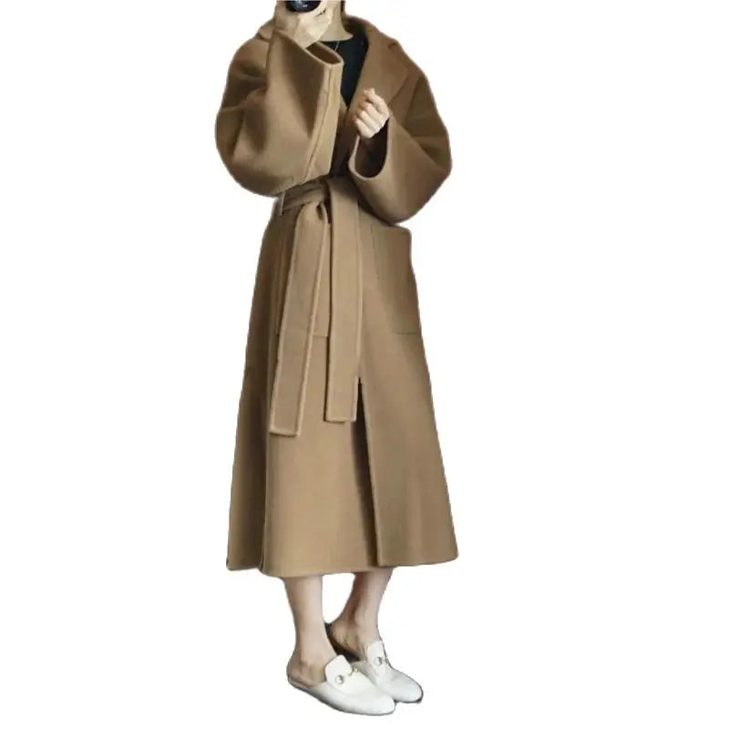 Manteau pour femme en laine pure 100 % avec fente latérale Manteau long en laine double face Vêtements amples et confortables pour femmes