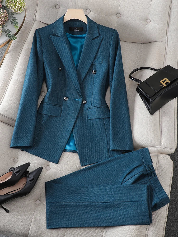 Gray Black Blue White Women's Pant Suit Long Sleeve Solid Ladies Blazer and Trouser Formal 2 Piece Set For Autumn Winter