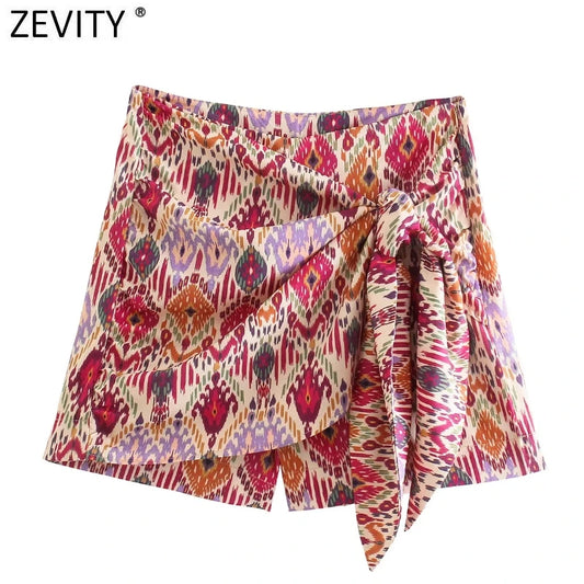 Zevity Women Totem Floral Print Hot Bermuda Shorts Ladies Chic Side Zipper Bow Tied Casual Shorts Skirts Pantalone Cortos P1231