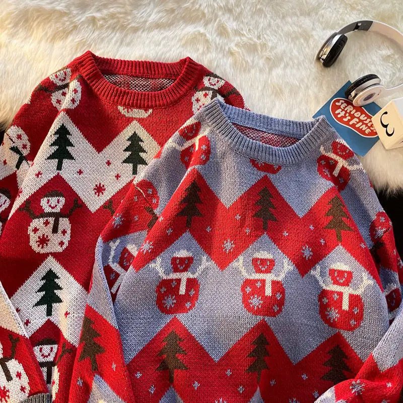 new warm pullovers round neck sweater women street stitching Christmas tree jacquard sweater ins couple loose in winter 2022