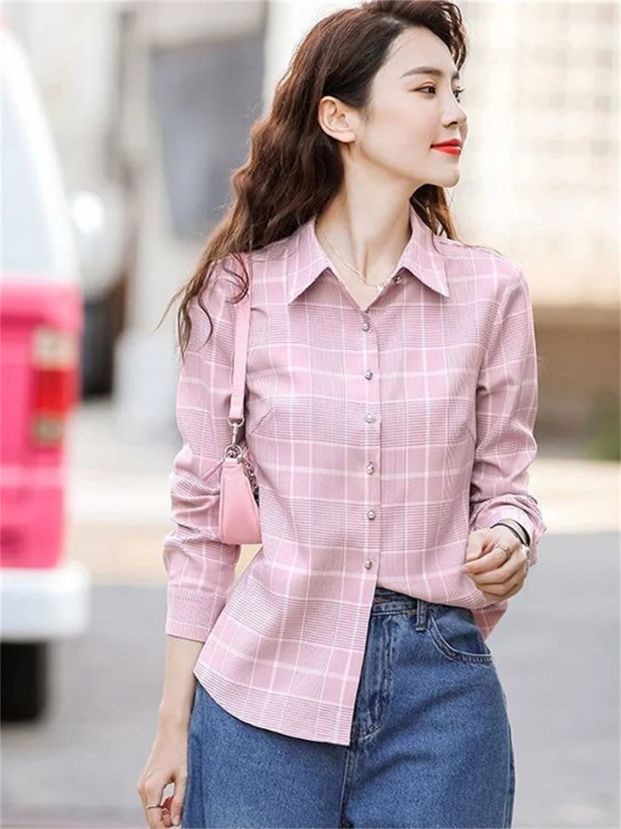 Women Spring Autumn Style Blouses Shirts Lady Casual Long Sleeve Turn-down Collar Plaid Printed Blusas Tops DF4712