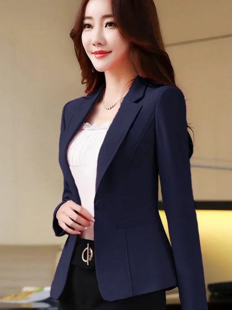 Blazers Slim Fit de style coréen pour femmes, veste de costume décontractée à manches longues, couleur unie noir blanc pour femme de bureau M-3XL