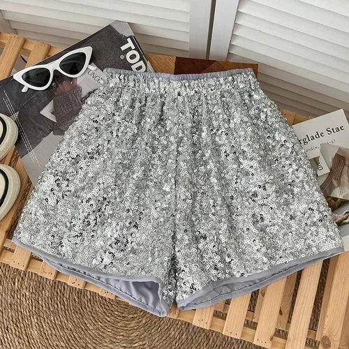 Korejpaa Women Shorts Chic Shiny Sequin Elastic Waist Wide Leg Pants Shorts Summer New Fashion Pantalones Cortos Femme