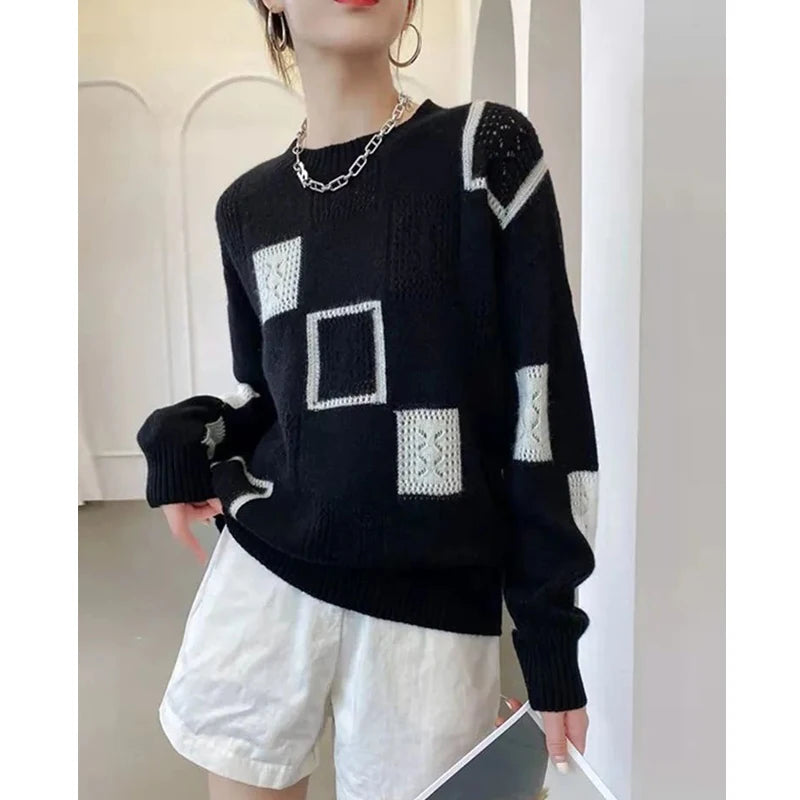 Vêtements pour femmes automne et hiver vintage géométrique patchwork pull tricoté décontracté streetwear pull hauts pull à manches longues