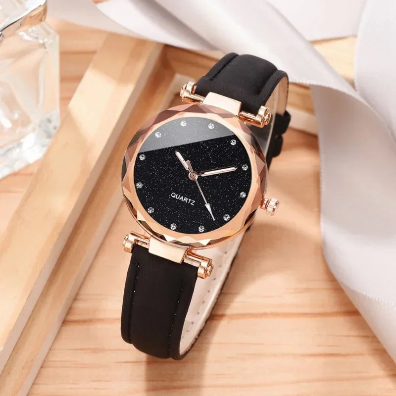 Ensemble de montres de luxe pour femmes, 2 pièces, bracelet en cuir PU, montre-bracelet à quartz pour dames, strass, bracelet en alliage or rose pour dames, cadeau