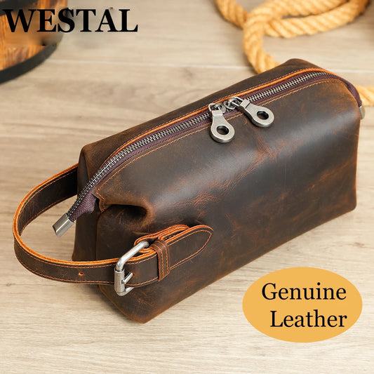 WESTAL Crazy Horse Leather Men's Clucth Bags with Handles, Large Capacity Wrister,  Zipper Phone Pouch Men Leather Bags 3022