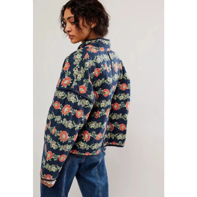 New Chic Vintage Floral Print Cotton Coat Autumn Winter Women Jacket Long Sleeve Cardigan Pocket Streetwear Short Quilted Jacket