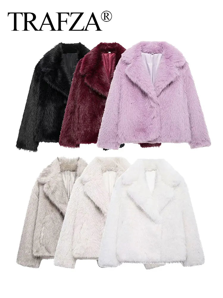 TRAFZA Female Elegant Solid 3-Color Faux Fur Effect Long Sleeve Cardigan Coat Winter Women's High Street Pockets Coat Mujer