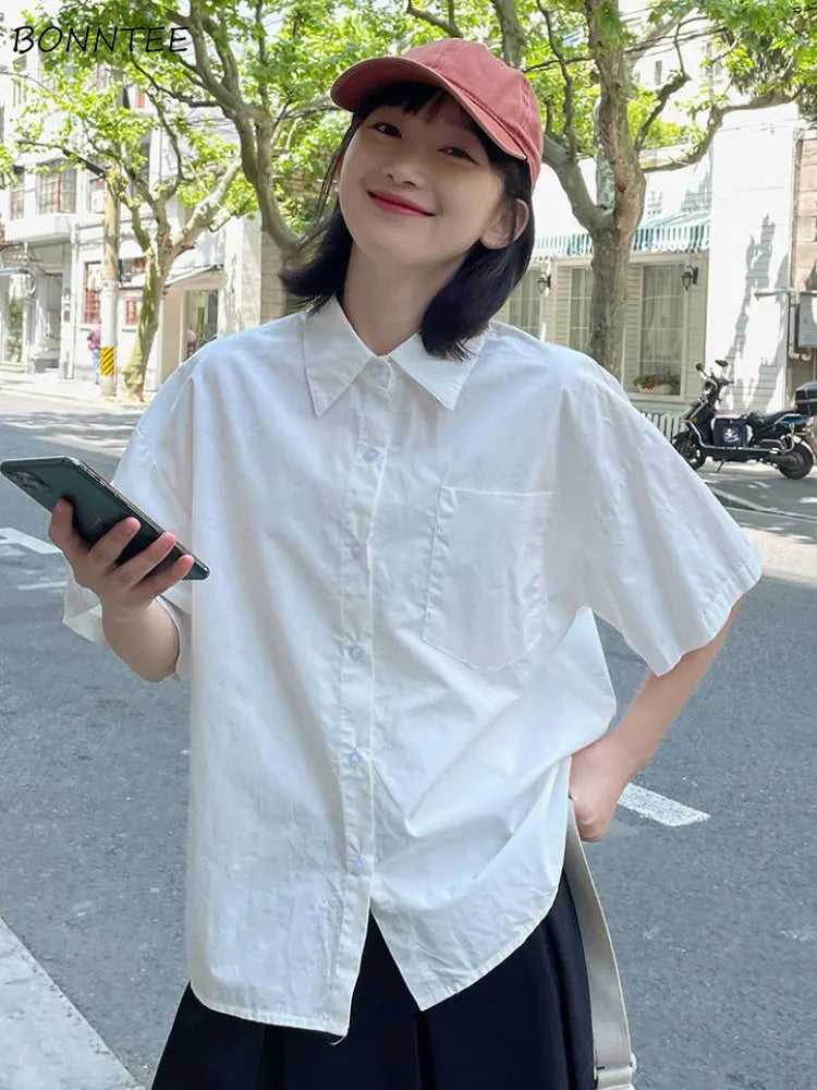 Shirts Women Solid All-match Casual Summer Ladies Temperament Unisex Ins Fashion Ulzzang Classic Korean Style Vintage Basic Chic