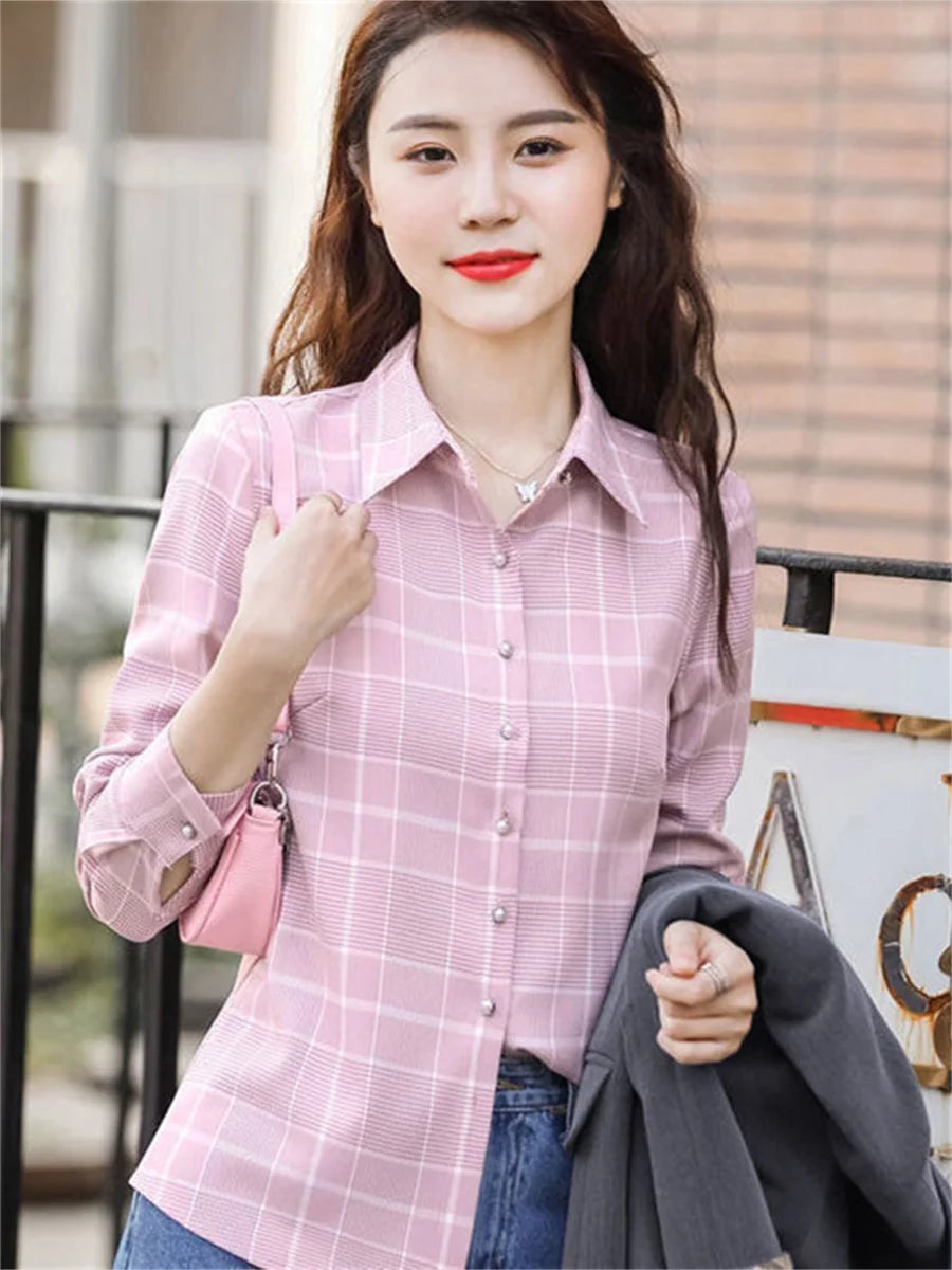 Women Spring Autumn Style Blouses Shirts Lady Casual Long Sleeve Turn-down Collar Plaid Printed Blusas Tops DF4712