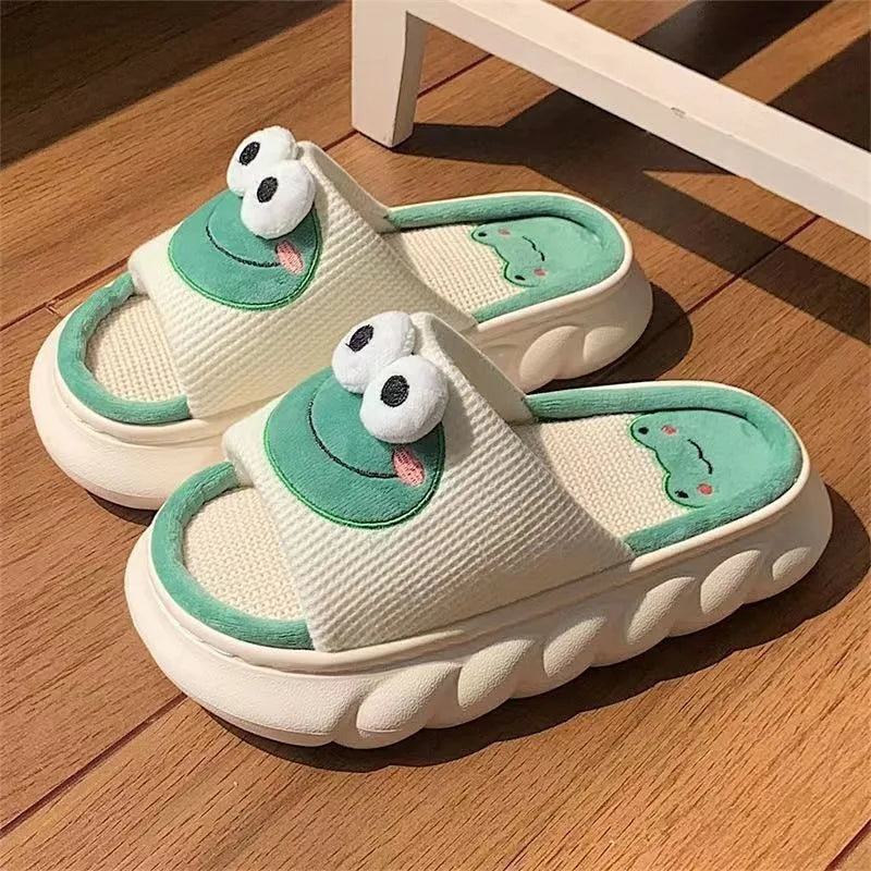 Women Cartoon Frog Slippers Winter Warm Indoor Home Slides Linen Thick Sole Couple Slipper Bedroom Anti Slip Shoes Sandals