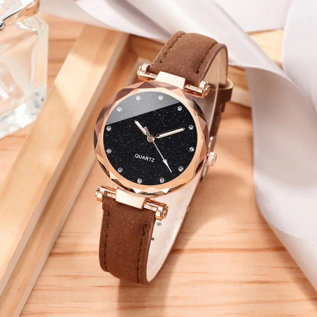 Ensemble de montres de luxe pour femmes, 2 pièces, bracelet en cuir PU, montre-bracelet à quartz pour dames, strass, bracelet en alliage or rose pour dames, cadeau