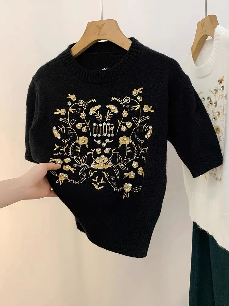 Early Spring Sweater Embroidery Rhinestone Crop Tops Graphic Y2K Women's Clothing Short Sleeve Tees Vintage Luxury Knit Pullover