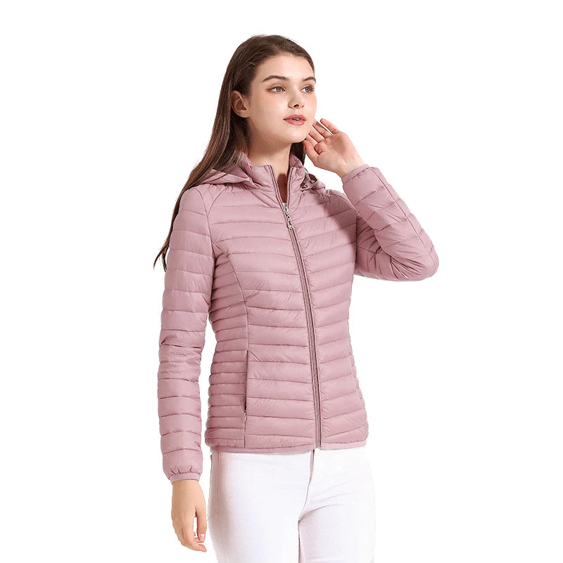 SANTELON Veste matelassée ultralégère à la mode pour femme Manteau pour femme Solide Léger Chaud Vêtements d'extérieur avec capuche amovible Sac de rangement