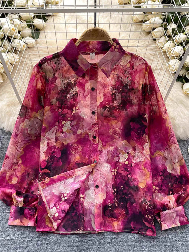 Spring Autumn Temperament Fashion Retro Chiffon Floral Blouses Print Loose Lapel Puff Sleeve Top Button Up Shirt Female GD611