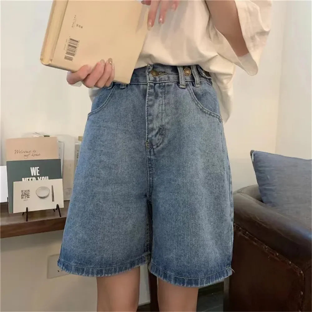 BF Style Straight Denim Shorts Women Y2k Polar Big Streetwear Skateboard Retro Blue Harajuku Hip Hop Cartoon Solid Fashion Baggy